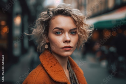 Wallpaper Mural This stunning portrait captures the beauty and confidence of a young woman against the backdrop of a bustling city street Generative AI Torontodigital.ca