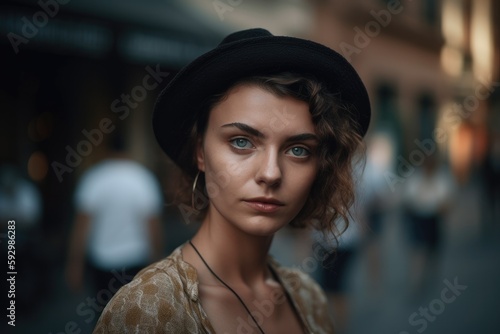 This stunning portrait captures the beauty and confidence of a young woman against the backdrop of a bustling city street Generative AI © ChaoticMind
