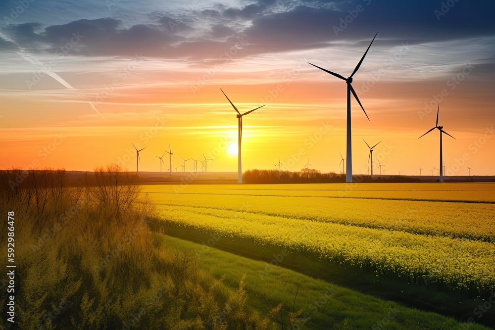Obraz premium Renewable energy with Wind turbines in summer. Photo generative AI