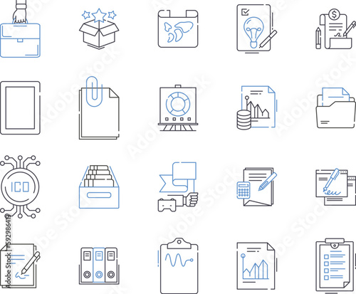 Document flow outline icons collection. Document, Flow, Management, Automation, Tracking, Log, System vector and illustration concept set. Audit, Review, Storage linear signs
