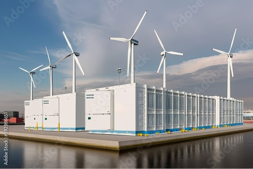 Seacoast Energy Storage System with Hydrogen, Wind, Solar and Li-ion. Photo generative AI © pixardi