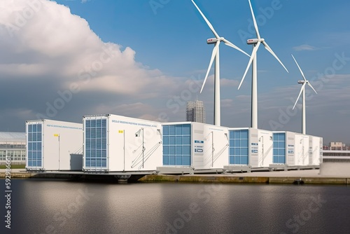 Seacoast Energy Storage System with Hydrogen, Wind, Solar and Li-ion. Photo generative AI