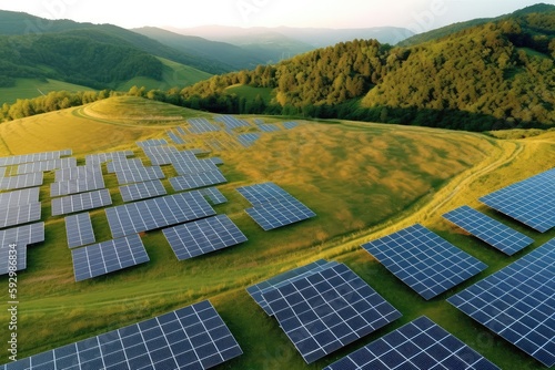 Solar fields on green hills. Photo generative AI