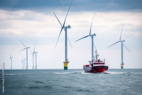 Offshore Wind Farm with Transfer Boat. Photo generative AI