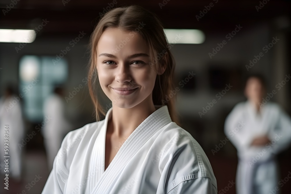 ..Smiling woman joyfully working out in the gym.