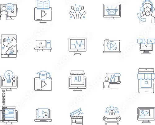 Media company outline icons collection. Media, Company, Broadcasting, Video, Production, Advertising, Television vector and illustration concept set. Press, Digital, Content linear signs