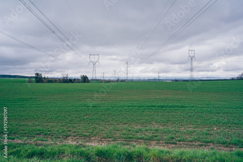 High voltage lines. Poles with cables conduct electricity. 