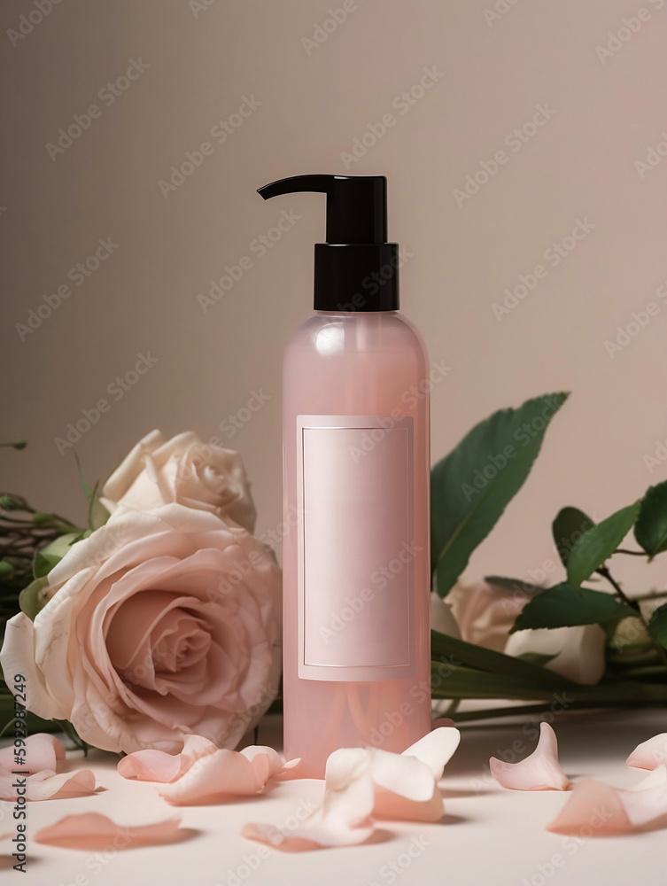 Photograph of bottle, pink background, creating a serene and calming atmosphere, The poster features the product prominently, Generate Ai Photograph of bottle, pink background, creating a serene and calming atmosphere, The poster features the product prominently, Generate Ai