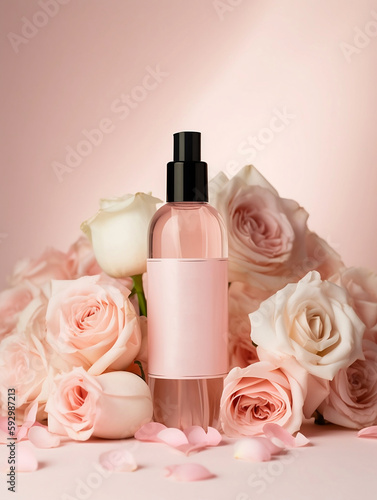 Photograph of bottle, pink background, creating a serene and calming atmosphere, The poster features the product prominently, Generate Ai