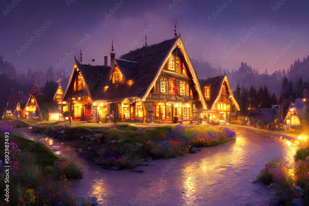 Fairy tale village with mysterious lights at night. Fantasy art illustration. Generative AI.