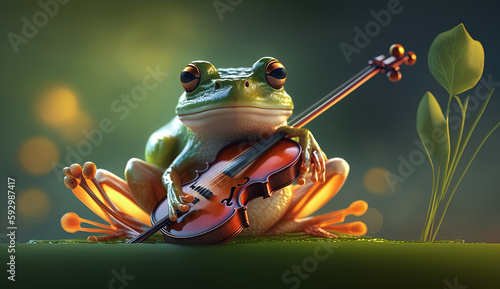 This frog can play the violin. He's tuned up and about ready to go. 
