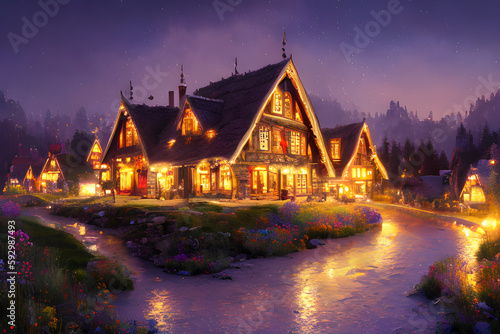 Fairy tale village with mysterious lights at night. Fantasy art illustration. Generative AI.