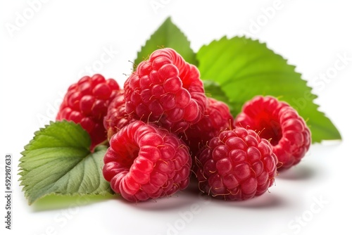 Red delicious raspberries with green leaves on a white isolated background. AI generation