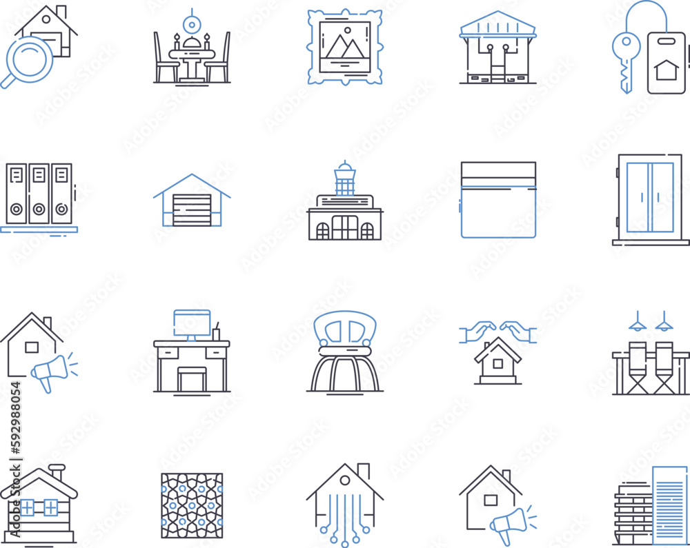 Apartments and accomodation outline icons collection. Accommodation, Apartments, Rentals, Bedsitters, Leases, Suites, Flats vector and illustration concept set. Lodgings, Habitations, Pads linear