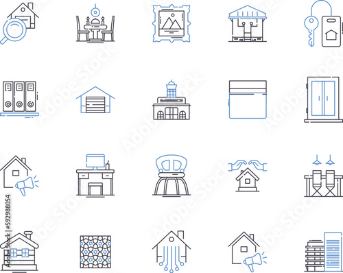 Apartments and accomodation outline icons collection. Accommodation, Apartments, Rentals, Bedsitters, Leases, Suites, Flats vector and illustration concept set. Lodgings, Habitations, Pads linear
