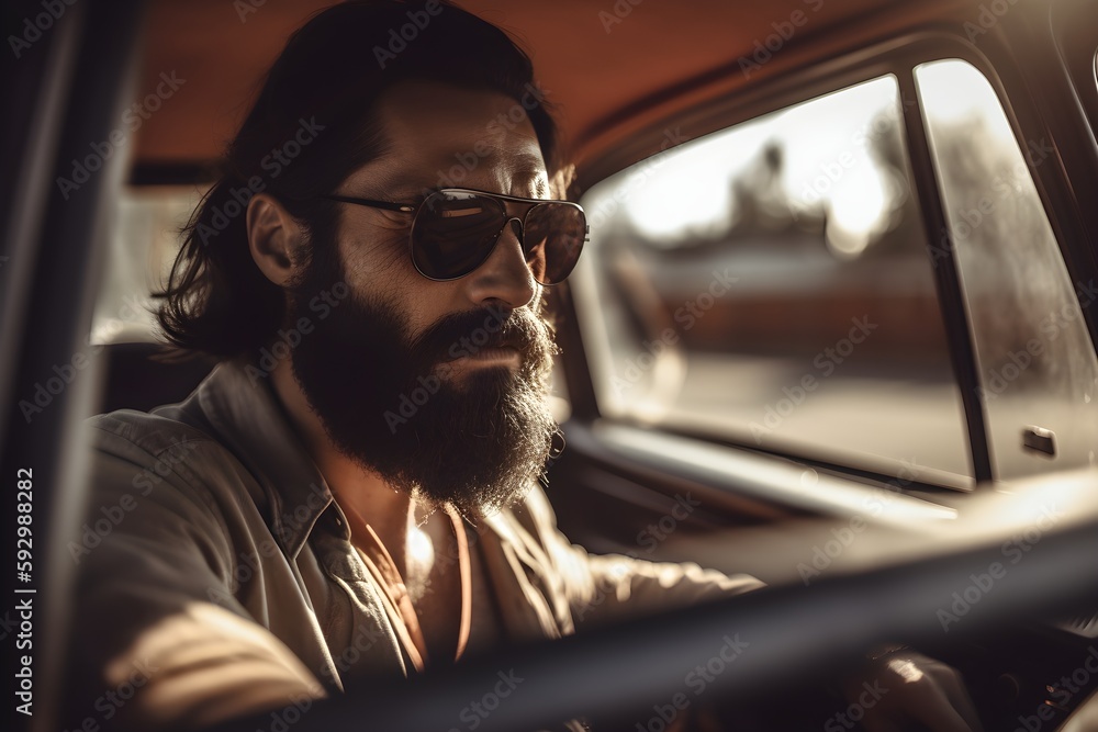 ..Man drives down dirt road in pickup truck, sunglasses on, adventure ahead - obrazy, fototapety, plakaty 