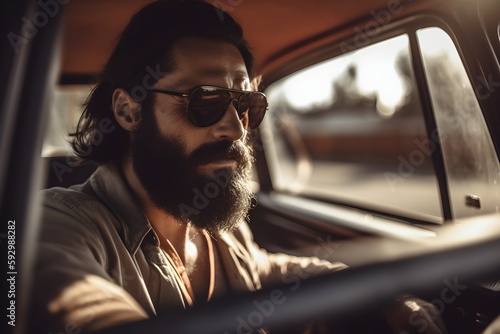 ..Man drives down dirt road in pickup truck, sunglasses on, adventure ahead