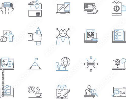 Product launch outline icons collection. Product, Launch, Release, Rollout, Unveil, Debut, Introduce vector and illustration concept set. Market, Promote, Brand linear signs