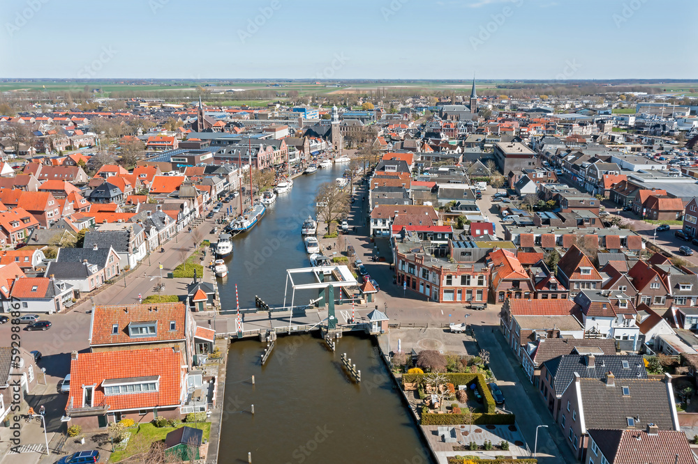Aerial from the historical city Lemmer in Friesland the Netherlands