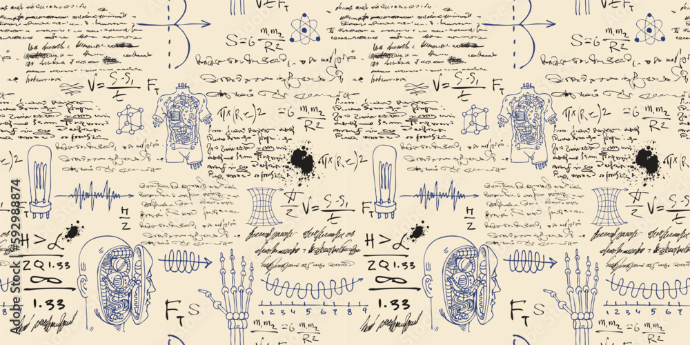  scientist-inventor with formulas and sketches of robots