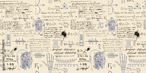  scientist-inventor with formulas and sketches of robots