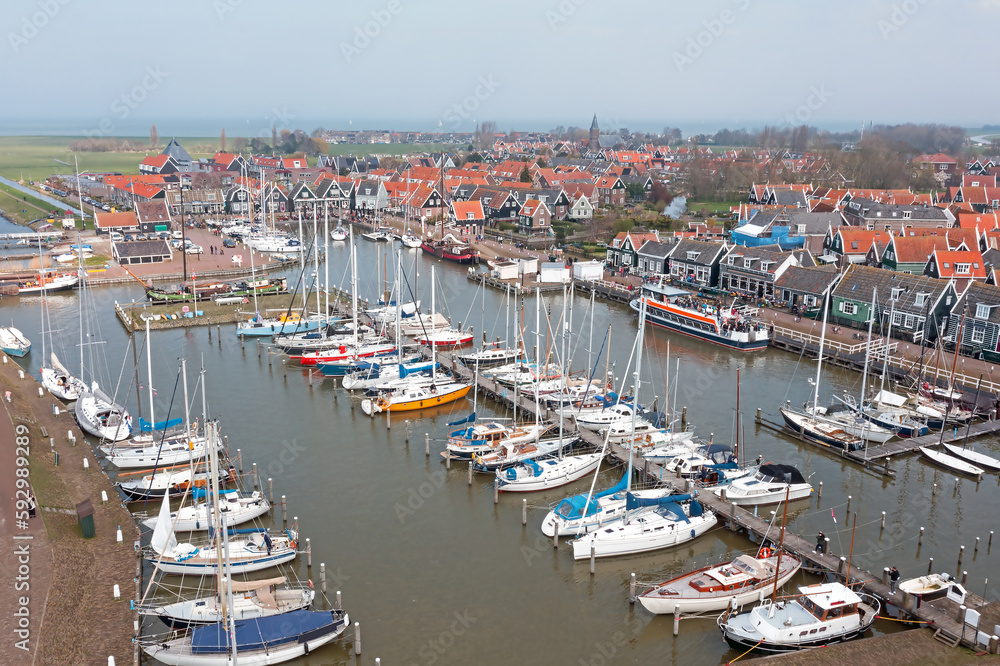 Aerial from the historical village and harbor Marken in the Netherlands