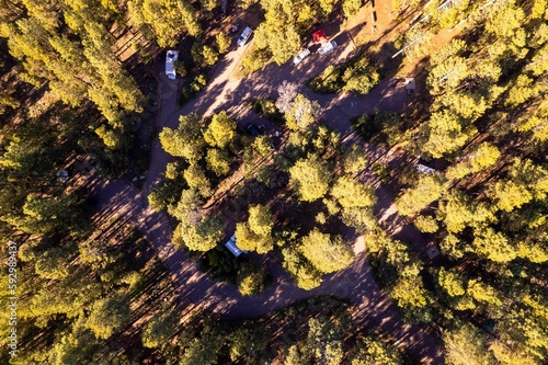 Aerial drone shot of Sinkhole campground near Mogollon Rim, Arizona