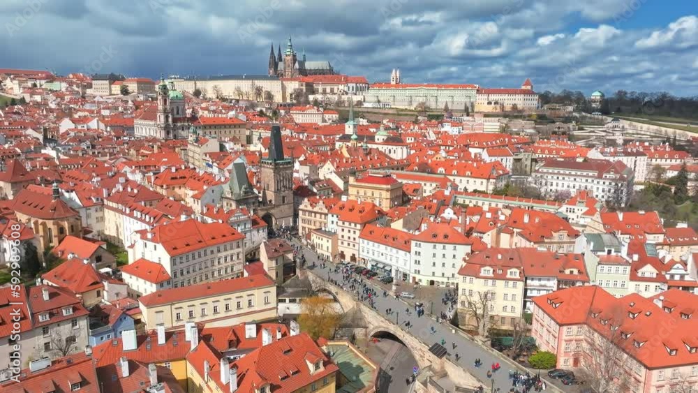 Scenic spring panoramic aerial view of the Old Town pier architecture and Charles Bridge over Vltava river in Prague, Czech Republic Scenic spring panoramic aerial view of the Old Town pier architecture and Charles Bridge over Vltava river in Prague, Czech Republic
