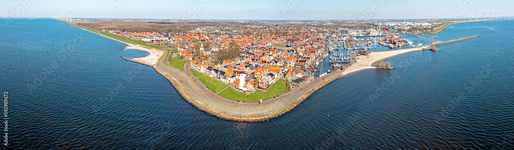 Aerial panorama from the traditional city Urk at the IJsselmeer in the Netherlands - obrazy, fototapety, plakaty 