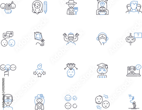 Funny people outline icons collection. Humorous, Comic, Comedian, Cheerful, Amusing, Lighthearted, Jocular vector and illustration concept set. Teasing, Playful, Joking linear signs
