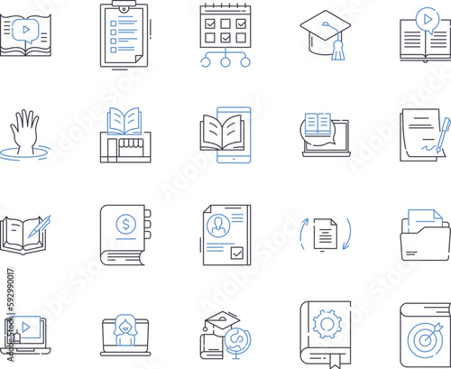 online learning outline icons collection. E-learning, virtual, tutorials, digital, courses, education, webinars vector and illustration concept set. instruction, asynchronous, content linear signs