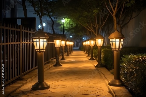 ..Modern outdoor lighting illuminates a lush walkway garden at night.