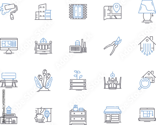 Interior design and renovation outline icons collection. Decorating, Furnishing, Upholstery, Wallcovering, Lighting, Refurbishment, Styling vector and illustration concept set. Space-planning