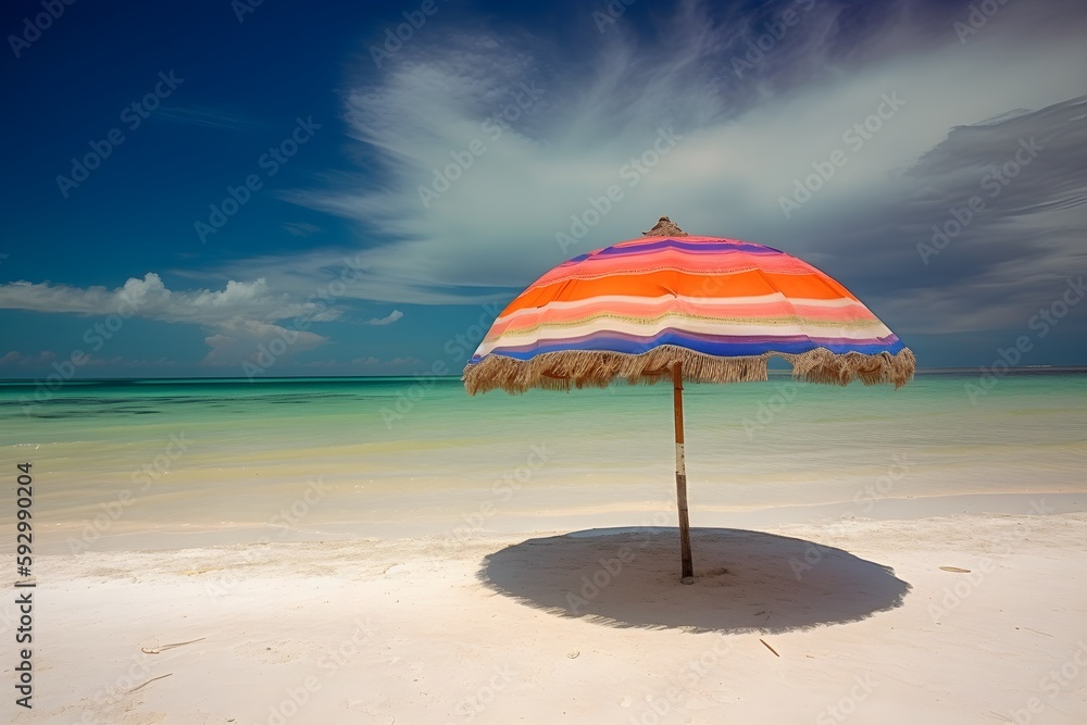 ..A colorful beach umbrella stands out against the ocean backdrop.
