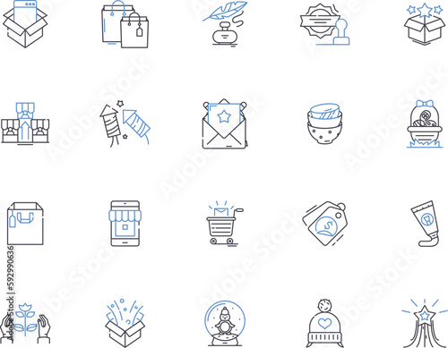 Gifts outline icons collection. Present, Birthday, Souvenir, Keepsake, Offering, Token, Surprise vector and illustration concept set. Trinket, Goody, Glittery linear signs
