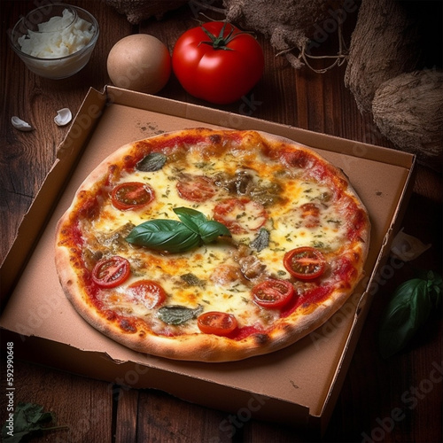  a box of pizza with cheese and tomato photo