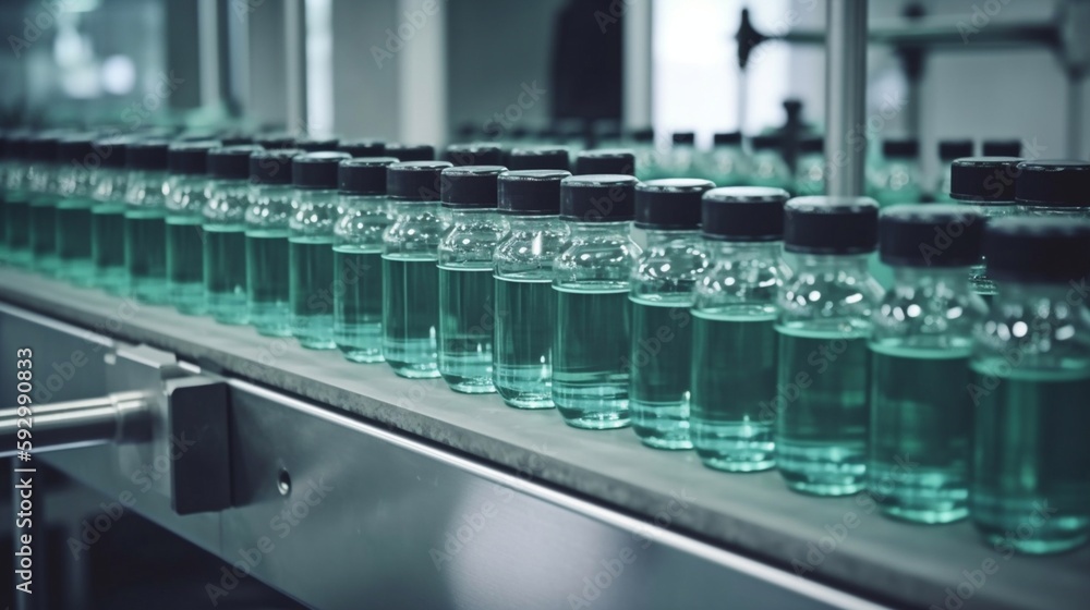 Pharmaceutical production background with clear glass bottles on automatic conveyor. Generative AI.