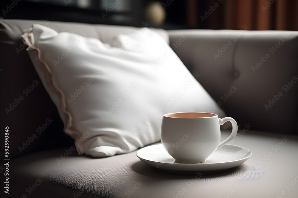 ..A white pillow rests on a cozy couch, with a teacup