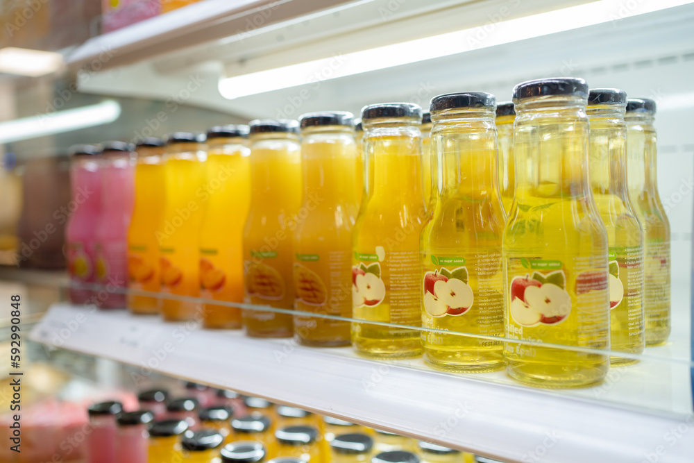 Foto de PENANG, MALAYSIA APR 13, 2023 IKEA bottle juice close up in IKEA Swedish Cafe fridge