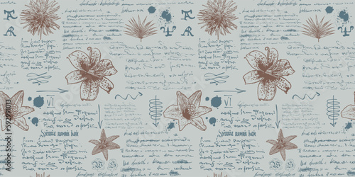 vector image of a seamless textural background in the style of notes from the diary of a botanist with sketches, formulas and notes
