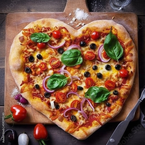 A heart shaped pizza with pepperoni, marjoram, mozzarella photo