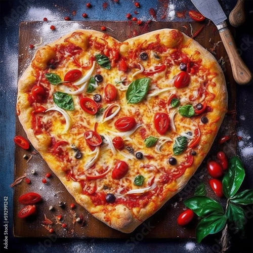 A heart shaped pizza with pepperoni, marjoram, mozzarella photo