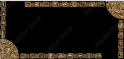 Frame of symbols, letters, and images of the calendar of the ancient Mayan and Aztec civilizations on a black background.