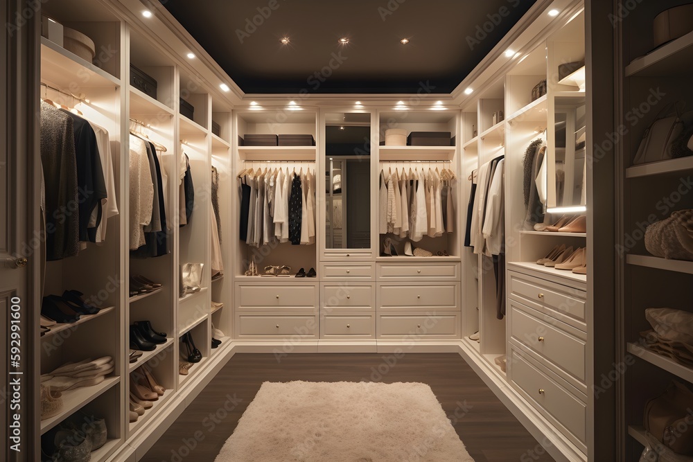 ..Relax in your lavish walk-in closet with lighting for the perfect - obrazy, fototapety, plakaty 