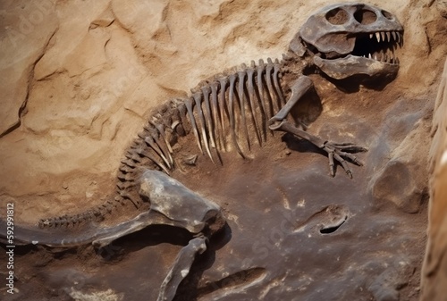 砂地で発掘された肉食恐竜の化石  © PhotoSozai