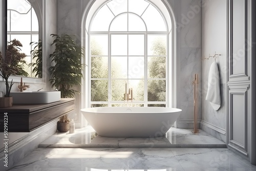 ..Modern marble bathroom design with sleek fixtures and vanity. © ron