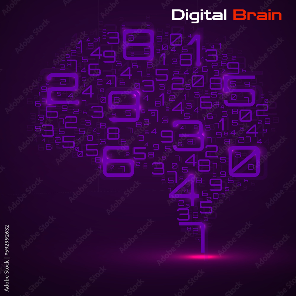 Digital brain with numbers. Artificial intelligence concept. Technology brain. Vector illustration Digital brain with numbers. Artificial intelligence concept. Technology brain. Vector illustration