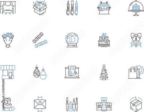 Gifts outline icons collection. Present, Birthday, Souvenir, Keepsake, Offering, Token, Surprise vector and illustration concept set. Trinket, Goody, Glittery linear signs