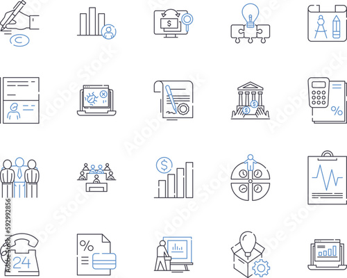 Corporation outline icons collection. Company, Entity, Business, Conglomerate, Organization, Group, Multinational vector and illustration concept set. Conglomeration, Firm, Joint-Stock linear signs