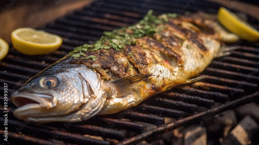 Grilled fishes with nice grill marks. Generative AI. Grilled fishes with nice grill marks. Generative AI.